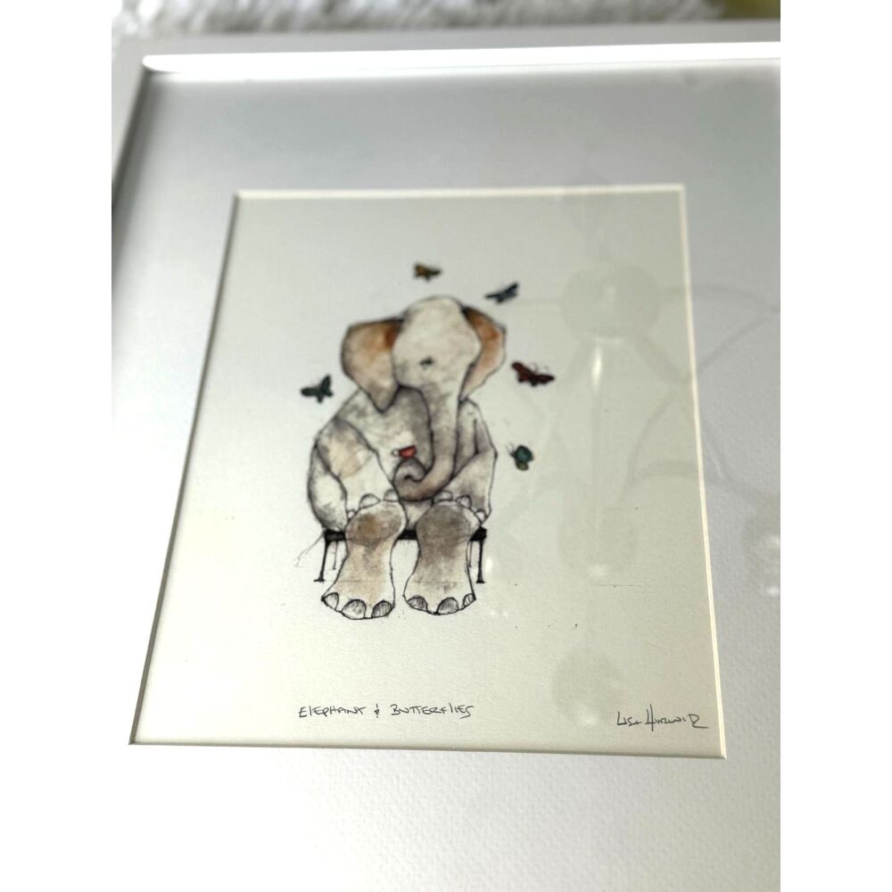 Beautiful Original Lisa Hurwitz drawing; Elephant and Butterflies framed - Picture 4 of 9